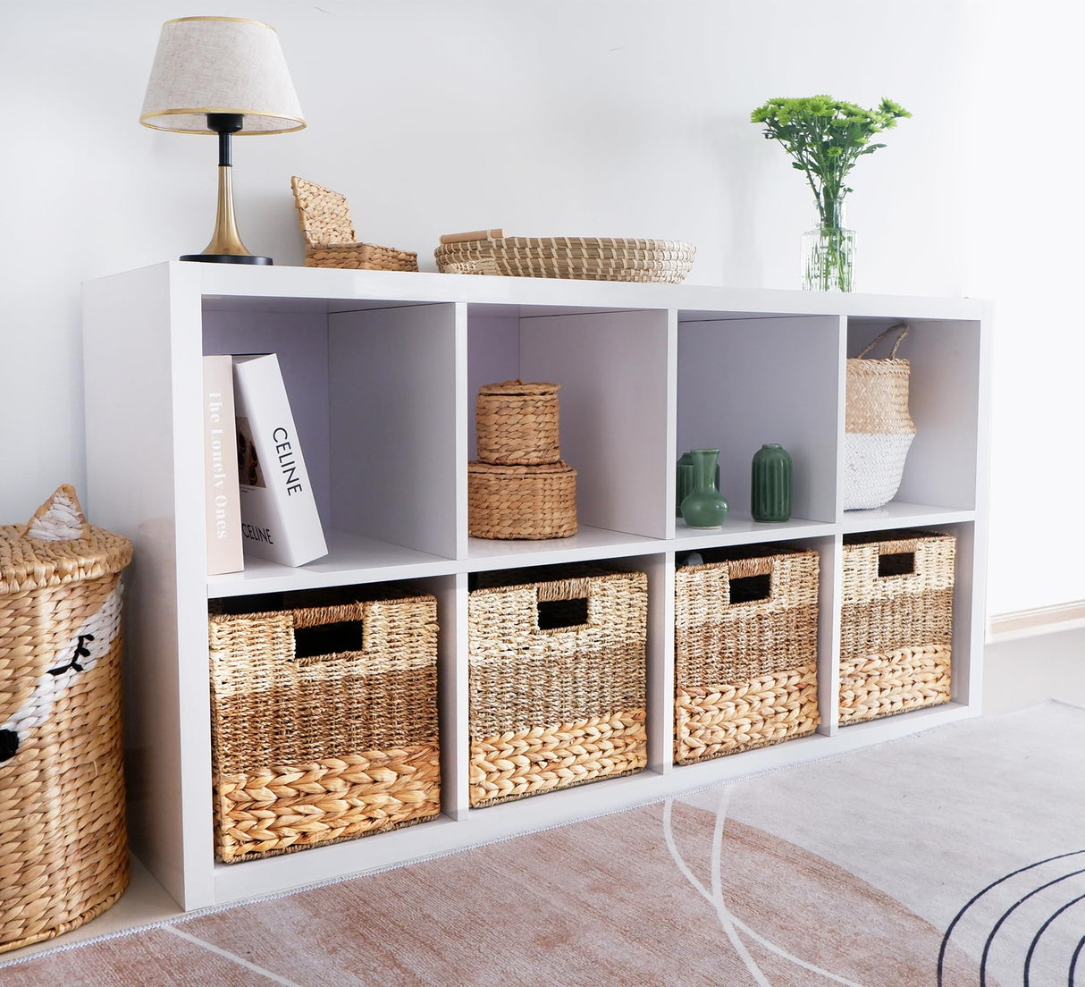 CHI AN HOME 13x13 Storage Cube Bins, Wicker Storage Basket for Cube Shelf, Natural Foldable Cube Storage Bin, Cube Storage Baskets, Large Woven Baskets, Square Wicker Baskets for Organizing Set of 4 Chi An Home