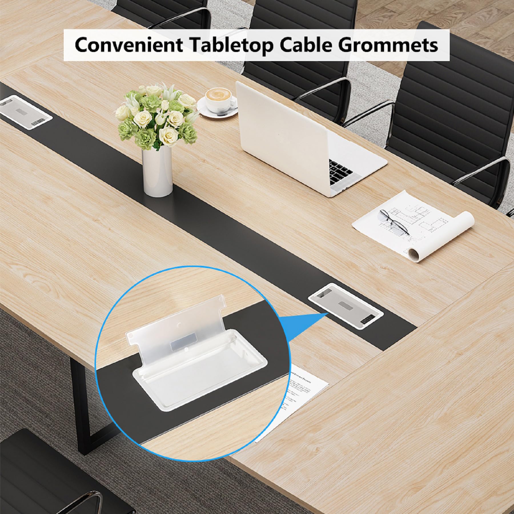 Tribesigns 8FT Conference Table, 94.48L x 47.24W x 29.52H Inches Large Boat Shaped Meeting Seminar Table with Cable Grommets, Modern Conference Room Table for Office (Light Wood Grain, 8ft) - WoodArtSupply