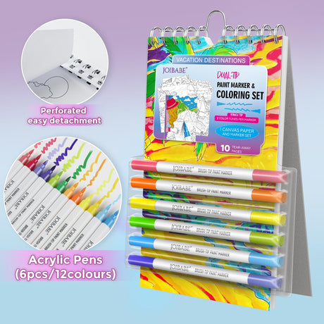 Joibabe Coloring Book Travel Set: 10 Sheets Coloring Paper & 6 Piece Dual-Tip 12 Color Acrylic Marker ，Spiral Binding，for Adults,Stress Relief Gifts,Enhance Aesthetic Appreciation，DIY Creative joibabe