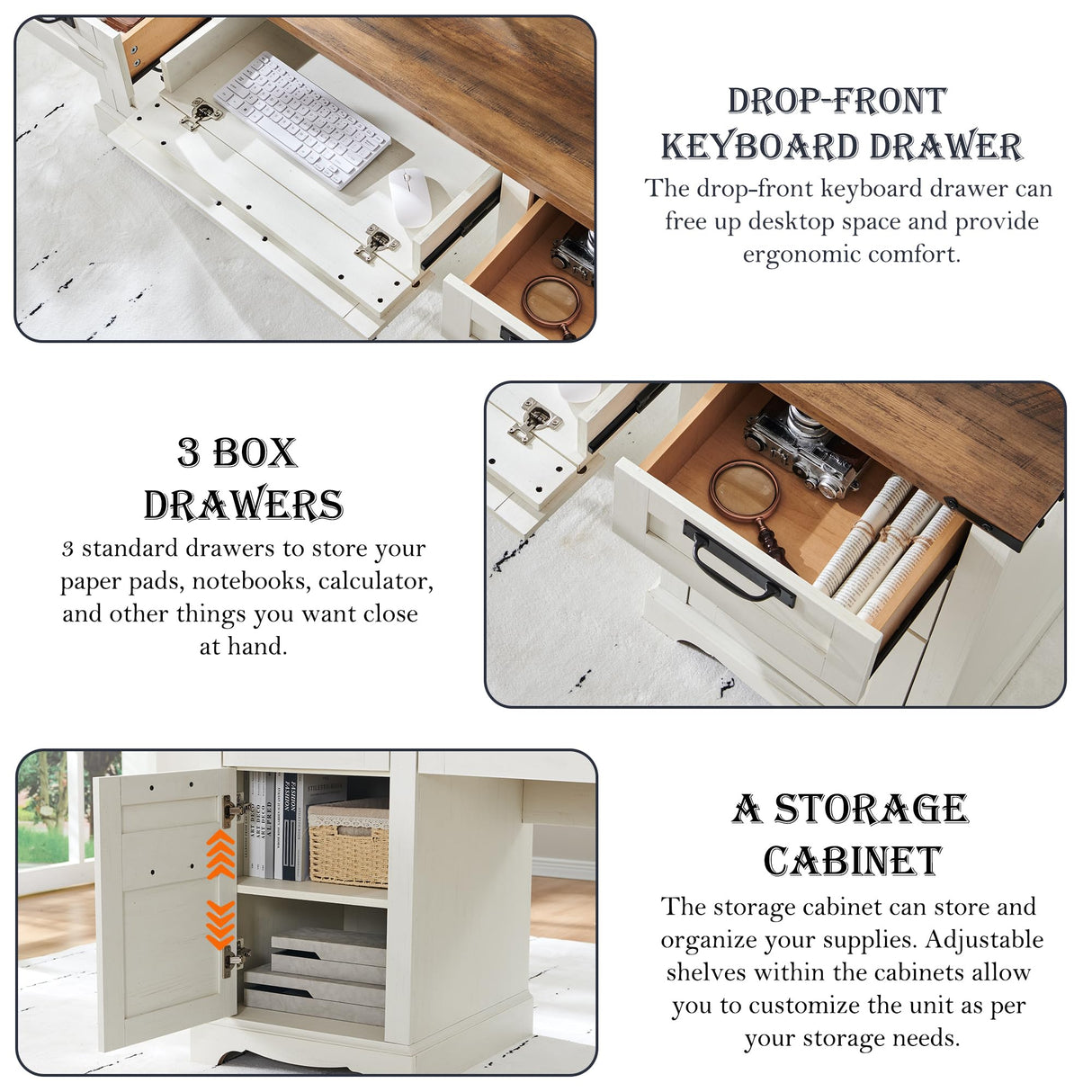 RedLemon 60" Farmhouse Executive Desk with Drawers, Wood Home Office Desk w/Charging Station, Keyboard tray, File Drawer, Storage Cabinet, Rustic Computer Writing Desk (Antique White) RedLemon