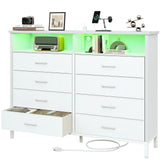 Dresser for Bedroom White Bedroom Dresser with LED Lights and Charging Station, 8 Long Fabric Drawers Dresser, Tall Wide Chest of Drawers Storage Organizer TV Stand for up to 60" TV for Living Room SOOWERY
