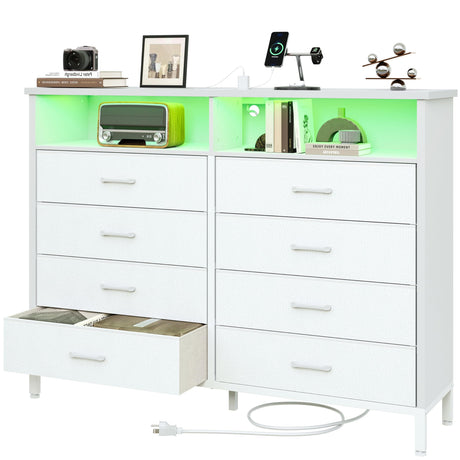 Dresser for Bedroom White Bedroom Dresser with LED Lights and Charging Station, 8 Long Fabric Drawers Dresser, Tall Wide Chest of Drawers Storage Organizer TV Stand for up to 60" TV for Living Room SOOWERY