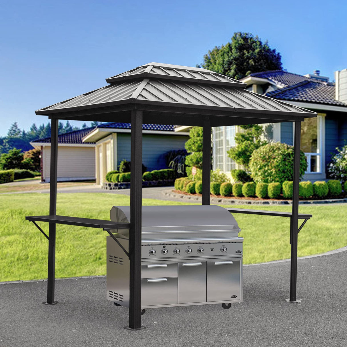 Domi Grill Gazebo 8' × 6', Outdoor Aluminum Frame BBQ Gazebo with Shelves Serving Tables and Hooks, Permanent Double Roof Gazebos for Patio Lawn Deck Garden (Dark Grey) domi outdoor living