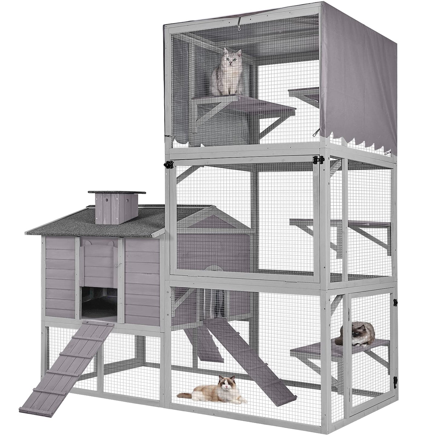 Aivituvin Deformation Cat Catio Outdoor Cat Enclosure, Cat Run with Super Large Sleep House, Wooden Kitty Condo Cat House with Bridges, Walks -130 Inch