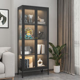 Kubohogar Display Cabinet with Glass Doors, 66" Curio Cabinet with 3 Color Lights, 4 Tier Display Case for Collectibles, Black Metal Cabinets for Living Room Office Kubohogar