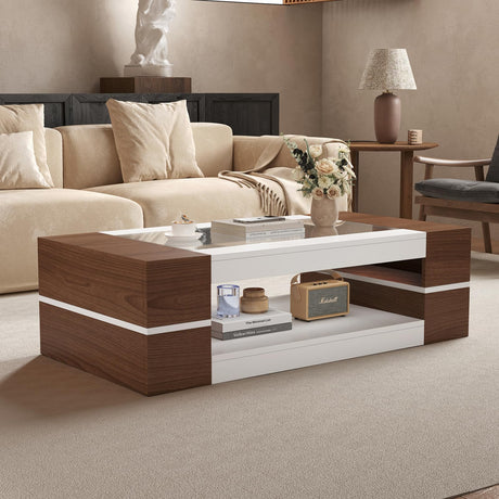 HedoAjim 47.2" Modern Stylish Coffee Table with Glass Table Top, Large Living Room Table Rectangular 2-Tier Center Tables with Storage, Wood Cocktail Tea Tables for Dining Reception Room, White Walnut HedoAjim