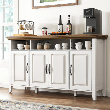 Marsail Sideboard Buffet Cabinet with Storage, 55" Farmhouse Kitchen Buffet Bar Table 4 Door Storage Cabinets for Dining Room Furniture, Wood White Marsail