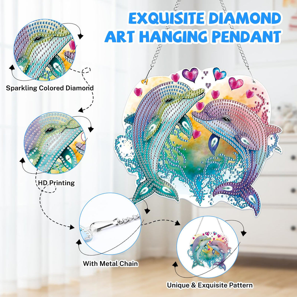 Bowetile Dolphin Diamond Art Hanging Kits for Adults Kids, 5D Special Shape Diamond Painting Animals Kits, Animal Gem Art Suncatchers Painting Pendant Ornament for Home Garden Wall Decor Bowetile