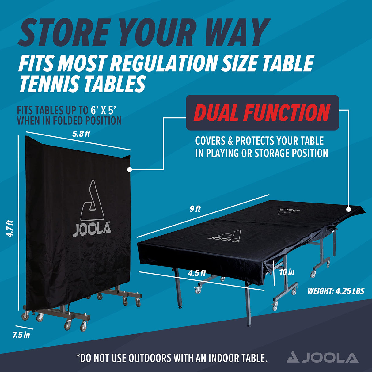 JOOLA Outdoor Ping Pong Table Cover Fits Both Folding Tables & Flat Tables -Heavy Duty Waterproof Cover with PVC Coating- Dual Function, Fits 9x5 Tables in Upright or Down Positions, Indoor & Outside JOOLA