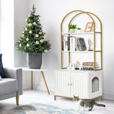 Homhedy Cat Litter Box Enclosure, Litter Box Furniture Hidden with 2-Tier Storage Shelves, Wooden Cat Washroom Furniture with Metal Frame, Modern Style, White and Gold Homhedy