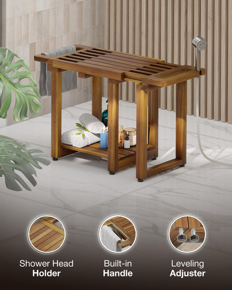 BLUEWEST Adjustable Shower Bench Stool for Inside Shower – 31.7'' Wood Bathroom Bench with Storage Shelf, Built-in Handle & Shower Head Holder, Waterproof Ideal for Sitting, Shelving Legs and Spa Use BLUEWEST