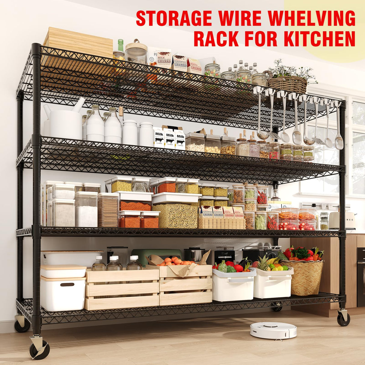 Heavy Duty Metal Shelving Unit, 4-Tier Adjustable Storage Shelves with Wheels, Industrial Wire Rack Storage Shelf 2640LBS Loads, for Garage, Warehouse, Kitchen, Basement, Stores,23.9"D*59.8"W*73.8"H SLEKVERSA