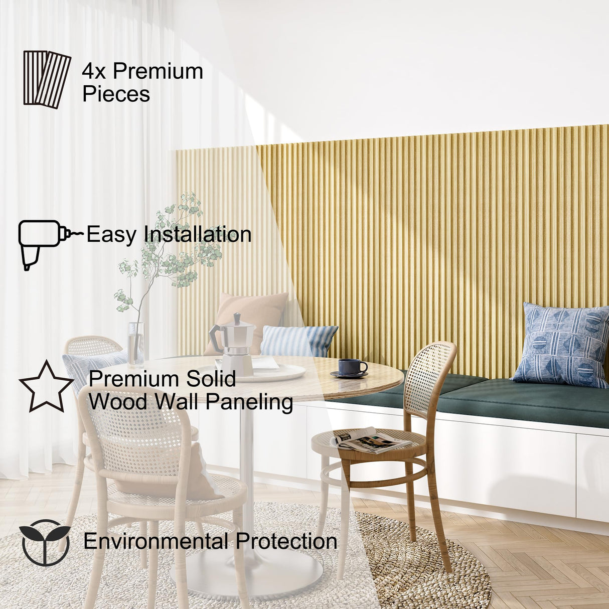 ROOMTEC 4 Packs 94.5” x 5.7” Solid Wood Panels for Wall, Acoustic Wood Slat Wall Panels for Interior Wall Decor，TV Background, Living Room (Oak) ROOMTEC