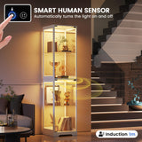 Glass Display Cabinet with Doors, 65" Tall 4-Tier Curio Display Case with 3 Color Lights and Human Body Sensor, Bookcase for Collectibles, White TAGELIER