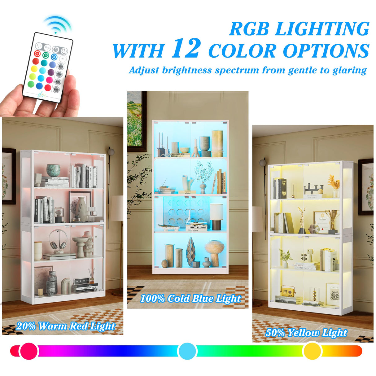 UTOASIS 65" Tall Glass Display Cabinet with Doors, 4-Tier Curio Cabinet for Collectibles with 12 LED Lights, Glass Display Case with 3 Shelves for Toys & Books, Home, Office and Playroom (White) UTOASIS