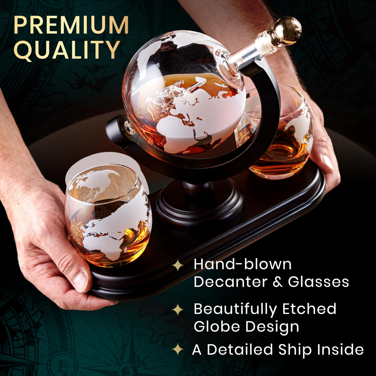 Globe Whiskey Decanter Gift Set by Royal Reserve | Etched World Map Globe Decanter 29 oz 850 ml with Glasses for Bourbon, Liquor – Whiskey Gifts for Men Dad Boyfriend Husband Royal Reserve