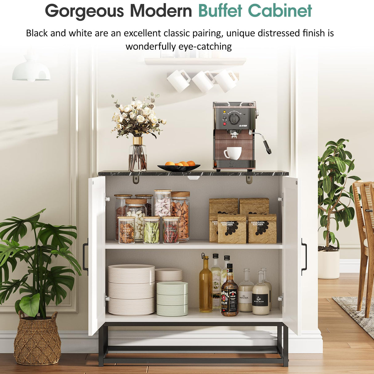 Maupvit 32" L Sideboard Buffet Cabinet with Storage, Farmhouse Tall Coffee Bar Table with Black Wood Countertop for Kitchen Dinning Room, Living Room, Antique White Entryway Accent Cabinets Maupvit