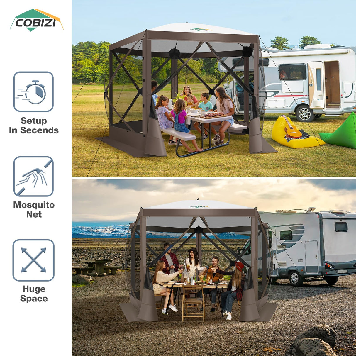 COBIZI Pop Up Gazebo Screen Tent Screen House for Camping, 10FTx10FT Screen Room with Mosquito Netting, Hub Tent Instant Screened Canopy with Carrying Bag and Ground Stakes, Brown COBIZI