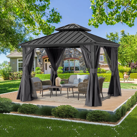 ABCCANOPY Hardtop Gazebo 8x8 - Outdoor Metal Hard Top Gazebo, Permanent Galvanized Steel Aluminum Framed Pavilion with Netting and Curtain for Patio Backyard Lawn Garden (Double Roof, Gray) ABCCANOPY