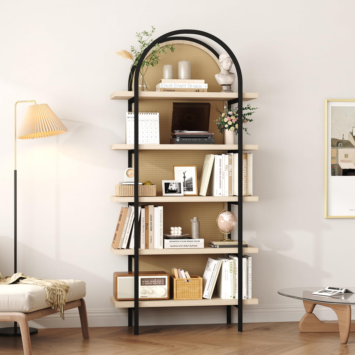 Yusong Bookshelf Rattan 5 Tier Arched Bookcase, 74" Tall Industrial Open Book Shelves for Living Room, Modern Freestanding Display Shelving Boho Storage Rack with Metal Frame for Office, Brown Yusong