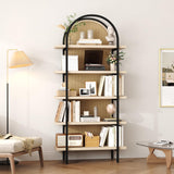 Yusong Bookshelf Rattan 5 Tier Arched Bookcase, 74" Tall Industrial Open Book Shelves for Living Room, Modern Freestanding Display Shelving Boho Storage Rack with Metal Frame for Office, Brown Yusong