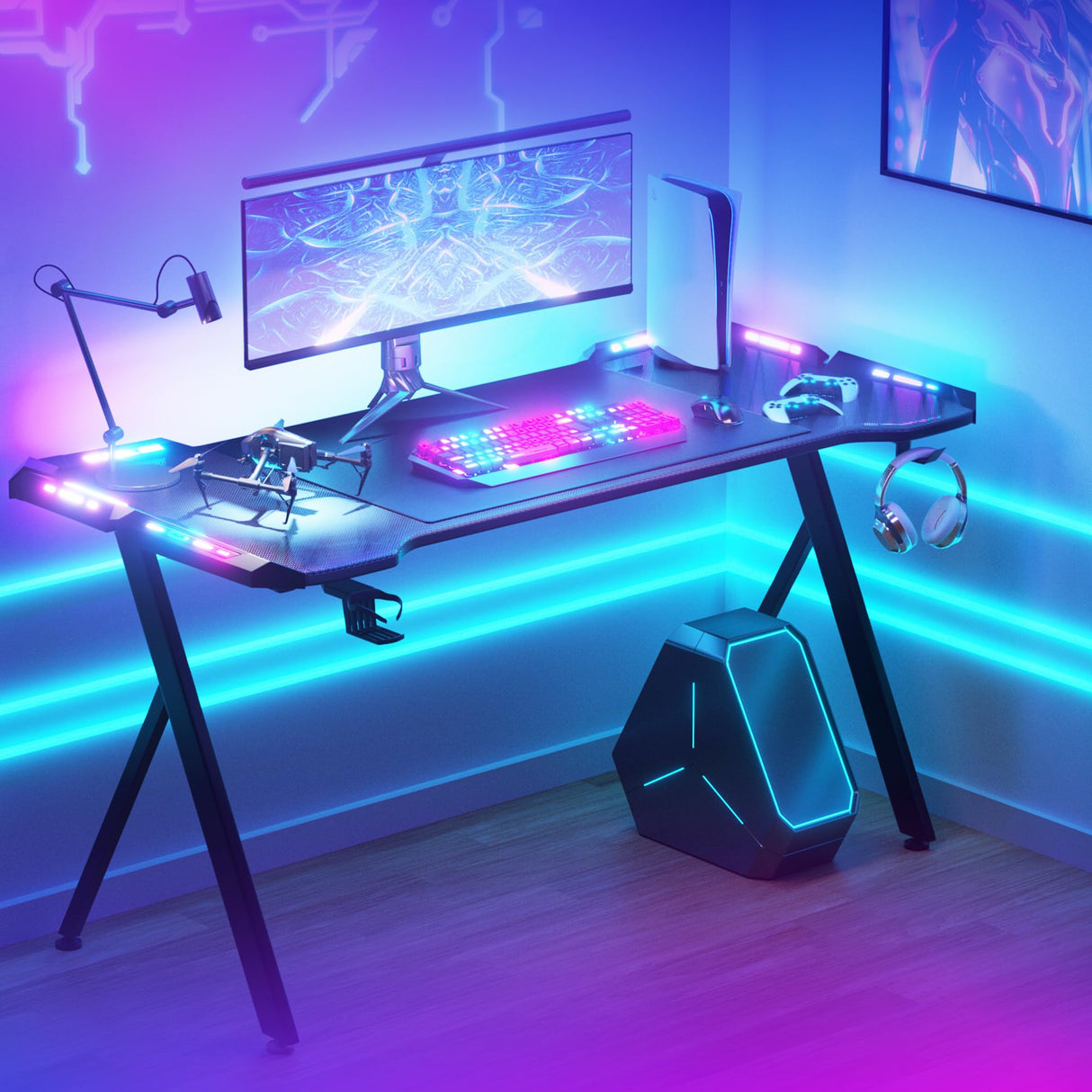 Dowinx Gaming Desk with LED Lights, RGB Gaming Computer Table with Carbon Fibre Surface, LED Home Office Desk with Remote Control, Pc Workstation, 47 Inch, Black Dowinx