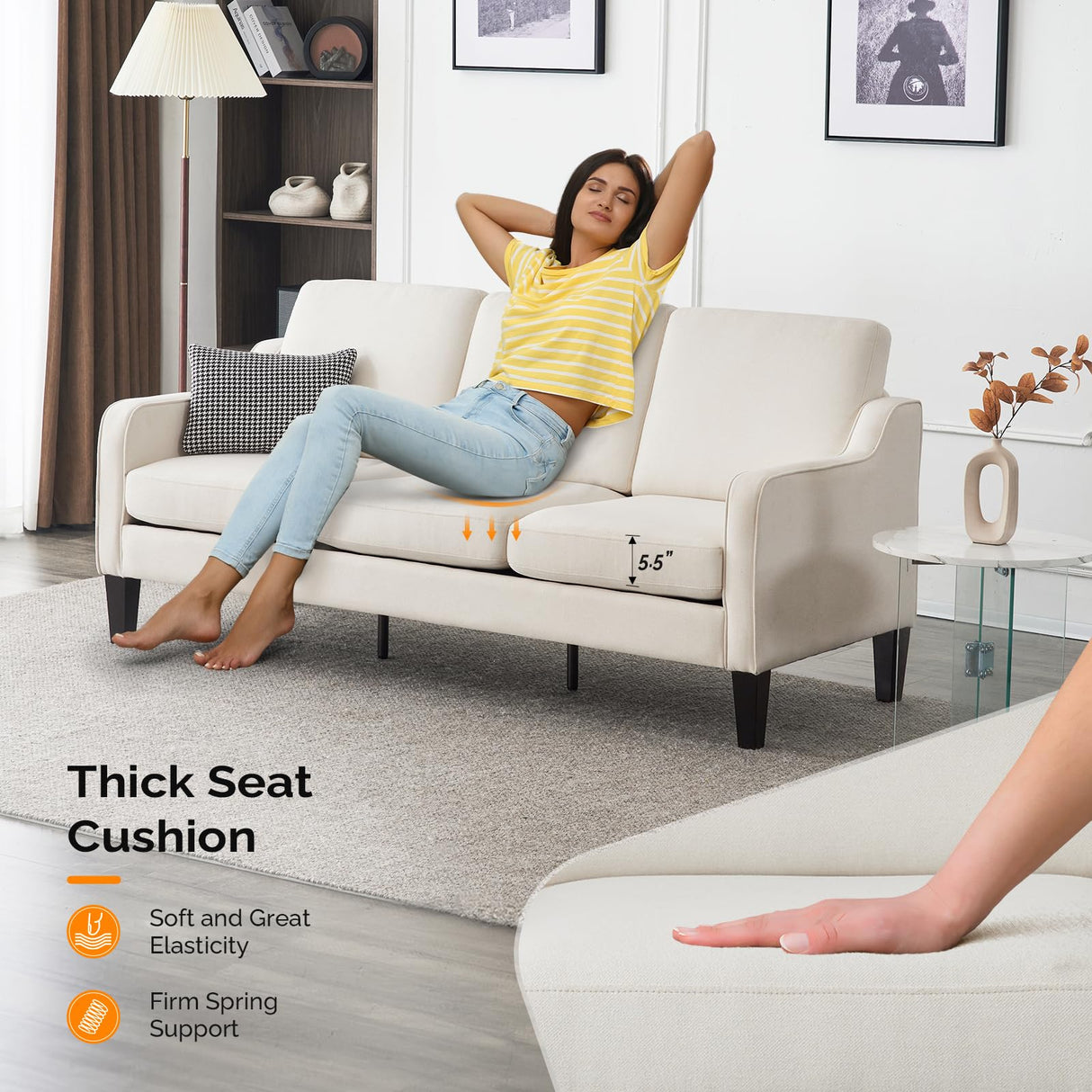 VINGLI Small Couch Sofa 71" Comfy Couches for Living Room Beige 3 Seat Sofa Couch Mid Century Modern Sofa Furniture Couches with Scooped Arms for Small Spaces, Bedroom, Apartment, Studio VINGLI