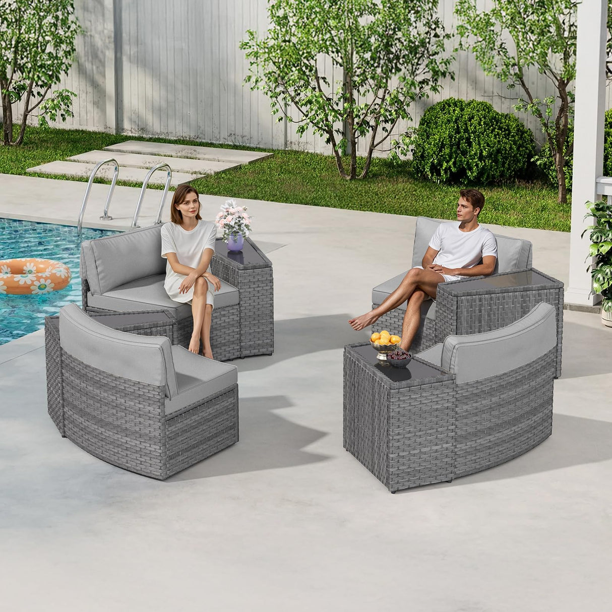 ABCASA Patio Sectional Furniture Set, 8 Pieces Half-Moon Patio Furniture Set with Side Table, Curved Outdoor Sofa Set, Wicker Rattan Patio Conversation Set for Porch,Backyard (Grey,Without Pillows) ABCASA