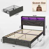 Driftalia LED Queen Bed Frame with 2 Storage Drawers, Upholstered Bed Frame Queen Size with Headboard and Charging Station, No Box Spring Needed, Easy to Assembly-Dark Grey Driftalia