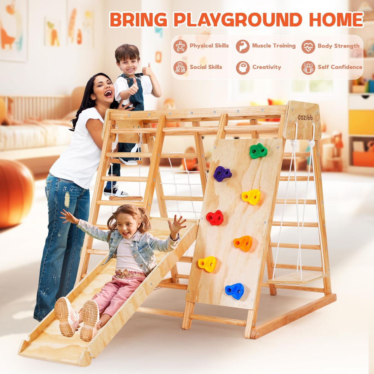 CoziBB Indoor Jungle Gym for Kids, 7-in-1 Toddler Indoor Playground with Slide, Swing and Climbing Rock, Wooden Montessori Climbing Toys for Toddlers, Jungle Gym Indoor Playset for Kids 1-10 Years CoziBB