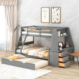 Twin Over Full Bunk Bed with Desk, Trundle, and Storage Drawers in Gray Bellemave