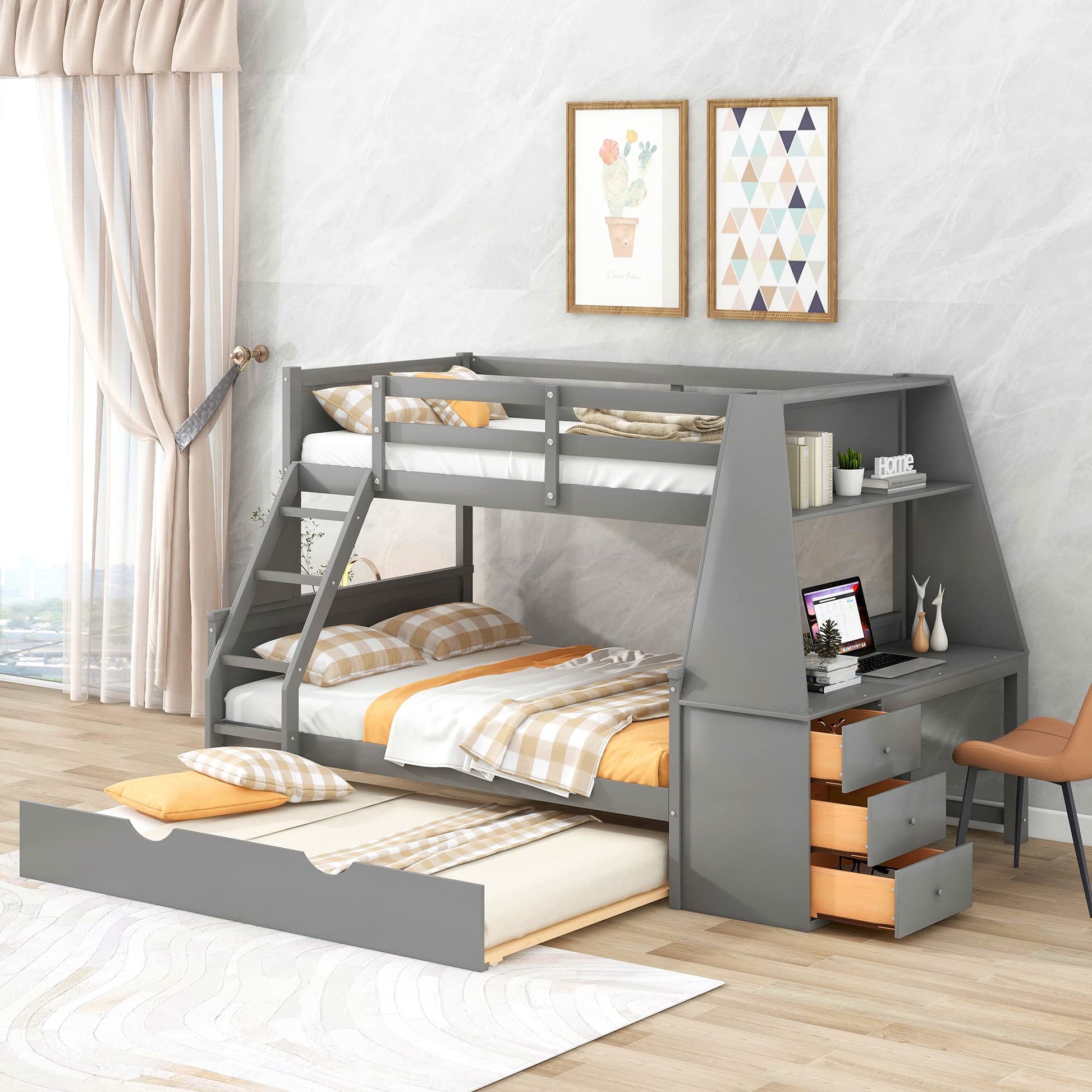 Twin Over Full Bunk Bed with Desk, Trundle, and Storage Drawers in Gray - WoodArtSupply