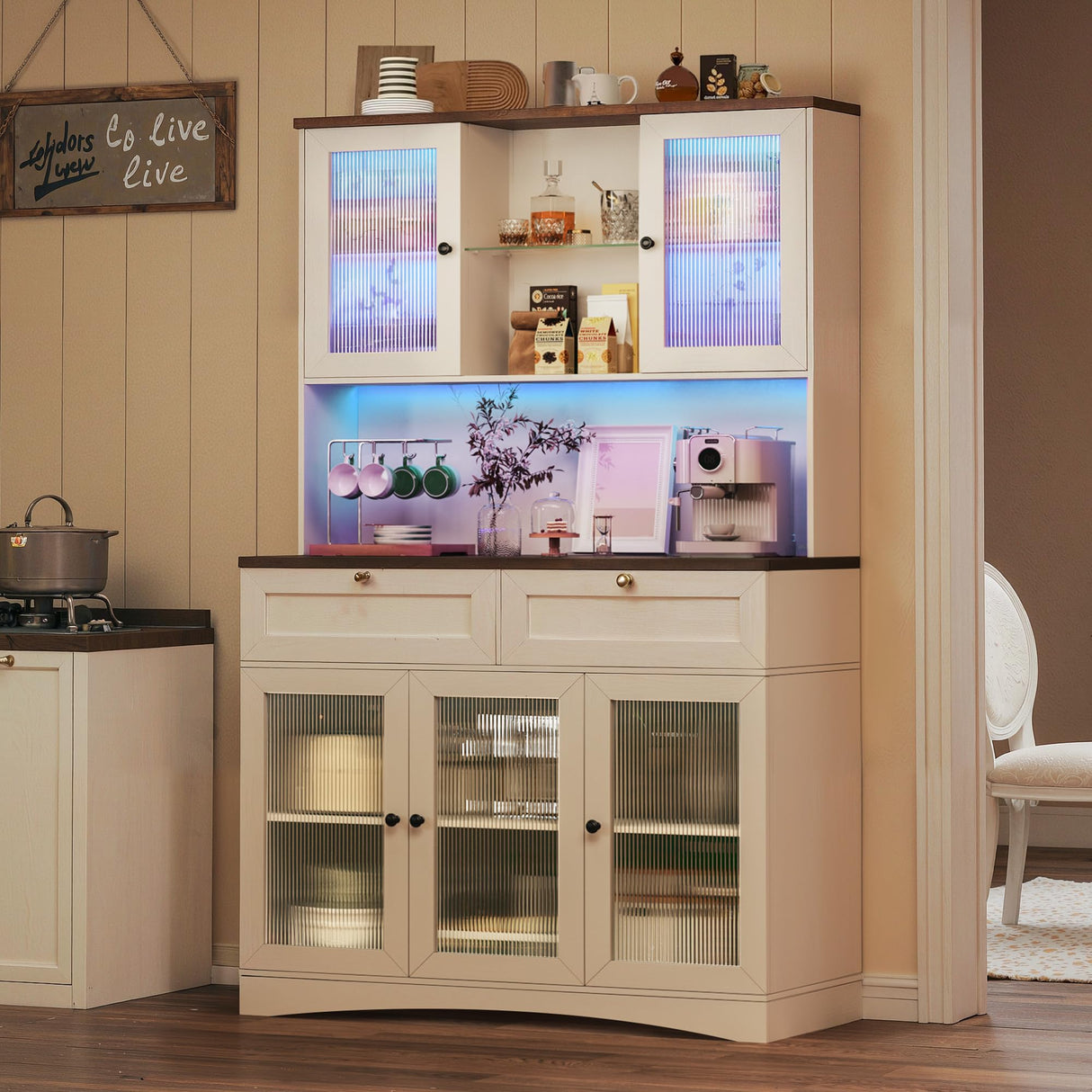 HUAHUU 71" Pantry Cabinet with Charging Station and LED Light, Modern Kitchen Pantry Cabinet with Microwave Stand, Tall Kitchen Hutch Food Pantry with Drawers & Shelves for Dining Room, White HUAHUU