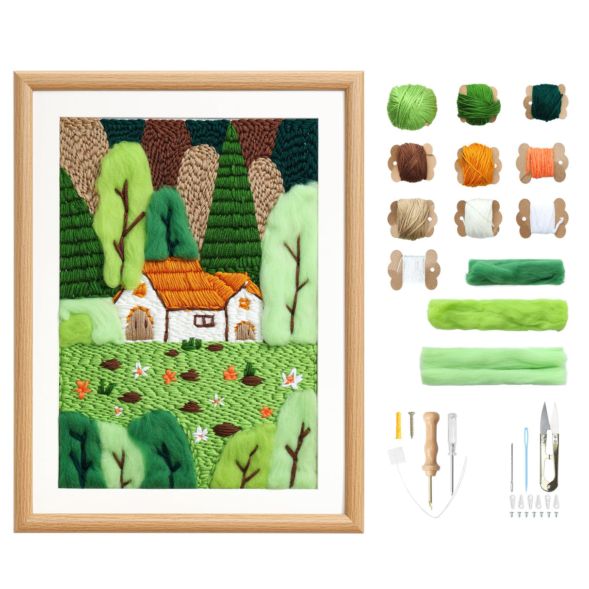 clberni Punch Needle Kit, Punch Needle Embroidery kit, Crafts for Adults, Matching 16“Photo Frame Hanging on Wall as Home Décor (Forest with Photo Frame) clberni