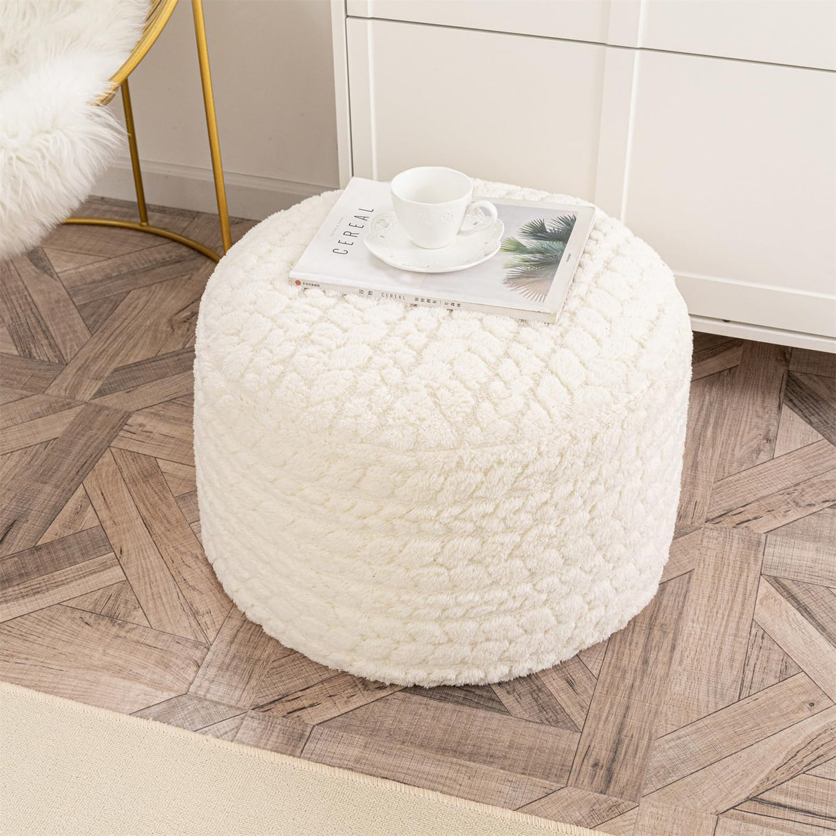 Round Pouf Ottoman 20 x 20 x 14 Inches Boho Poof Home Decor Floor Pouffe Ottoman Foot Rest for Couch Sofa Bean Bag Chairs Living Room Bedroom Cream Poofieotto