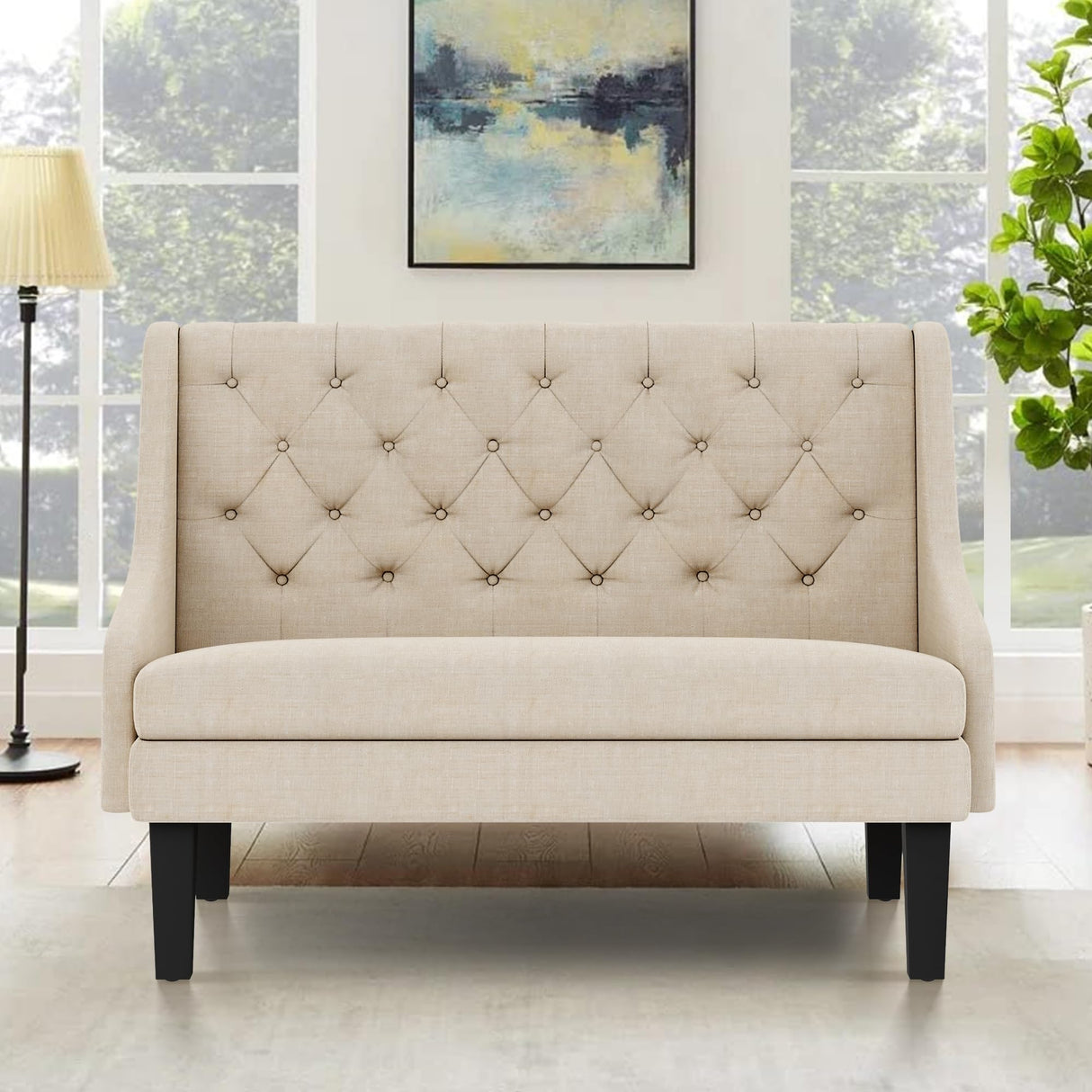 Yongqiang Settee Bench with Back Mini Couch for Dining Room Living Room Entryway Modern Upholstered Banquette Button Tufted Loveseat Sofa with Wood Legs Cream Yongqiang