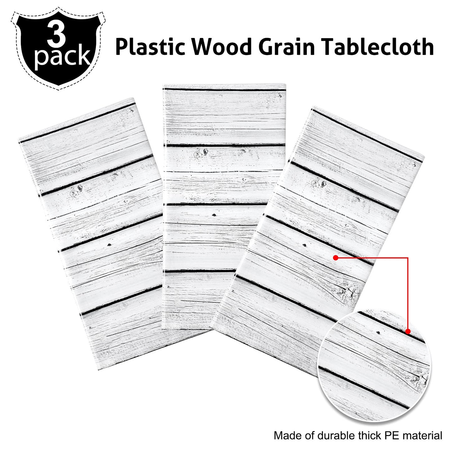 3 Pieces Wood Tablecloth Plastic White Wood Grain Tablecloth Rustic Wood Table Cover Rectangle Wood Grain Table Cover for Western Birthday Party Picnic Table Decoration,54 X 108 Inches