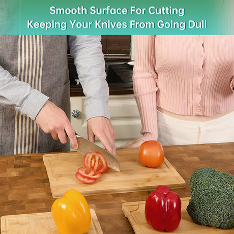Bamboo Cutting Boards for Kitchen, Wood Cutting Board with Holder, Bamboo Cutting Board Set Reversible with Juice Grooves for Meat Cheese Fruit and Vegetables (Four Piece Set) Greenmemo