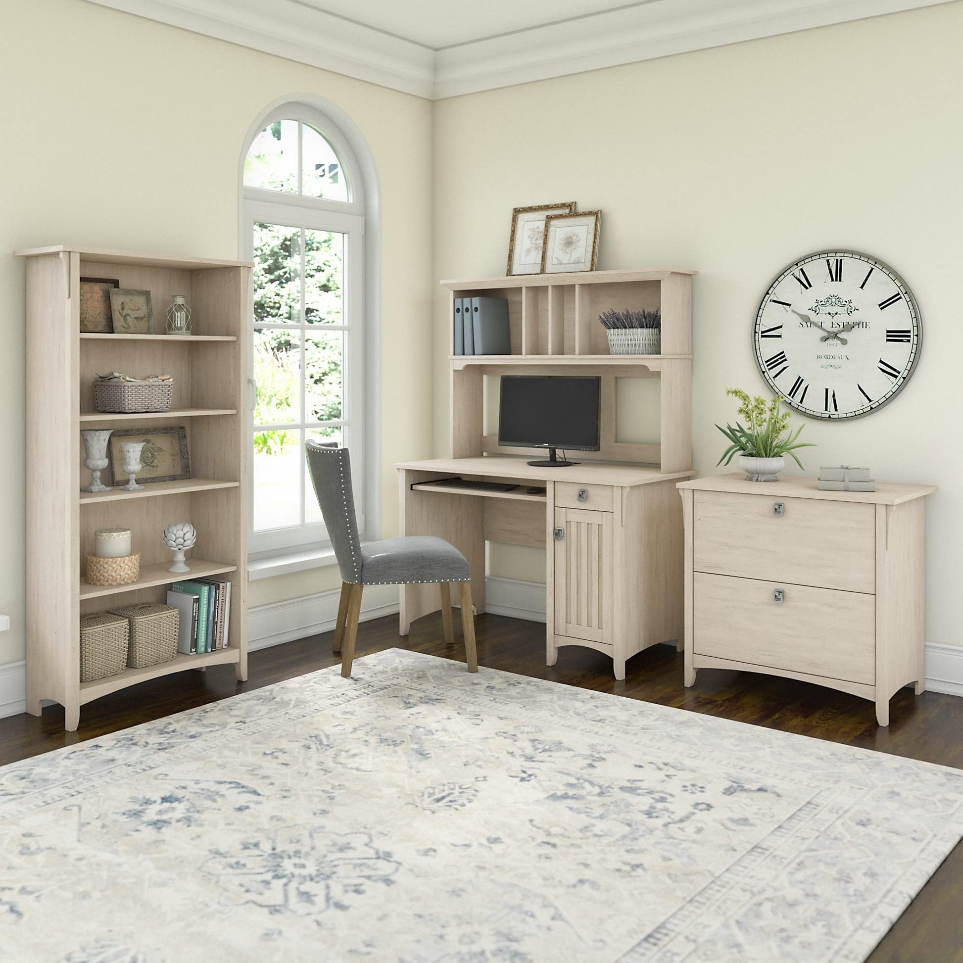 Bush Furniture Salinas Mission Desk with Hutch, Lateral File Cabinet and 5 Shelf Bookcase in Antique White - WoodArtSupply