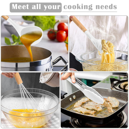 E-far Silicone Cooking Utensils Set, 446℉ Heat Resistant 10PCS Kitchen Utensils Set with Wooden Handle for Nonstick Cookware, Kitchen Tools Spatula Whisk Tongs Ladle, Non-toxic & Healthy, Whi - WoodArtSupply