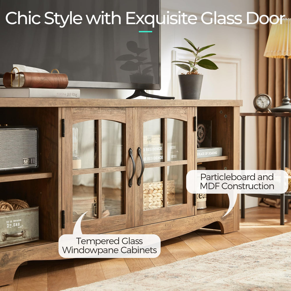 LINSY HOME Farmhouse TV Stand for 65 Inch TV, Wood Entertainment Center with Glass Door Storage Cabinet & Adjustable Shelves, Large Sturdy TV Console Table for Living Room Bedroom LINSY HOME