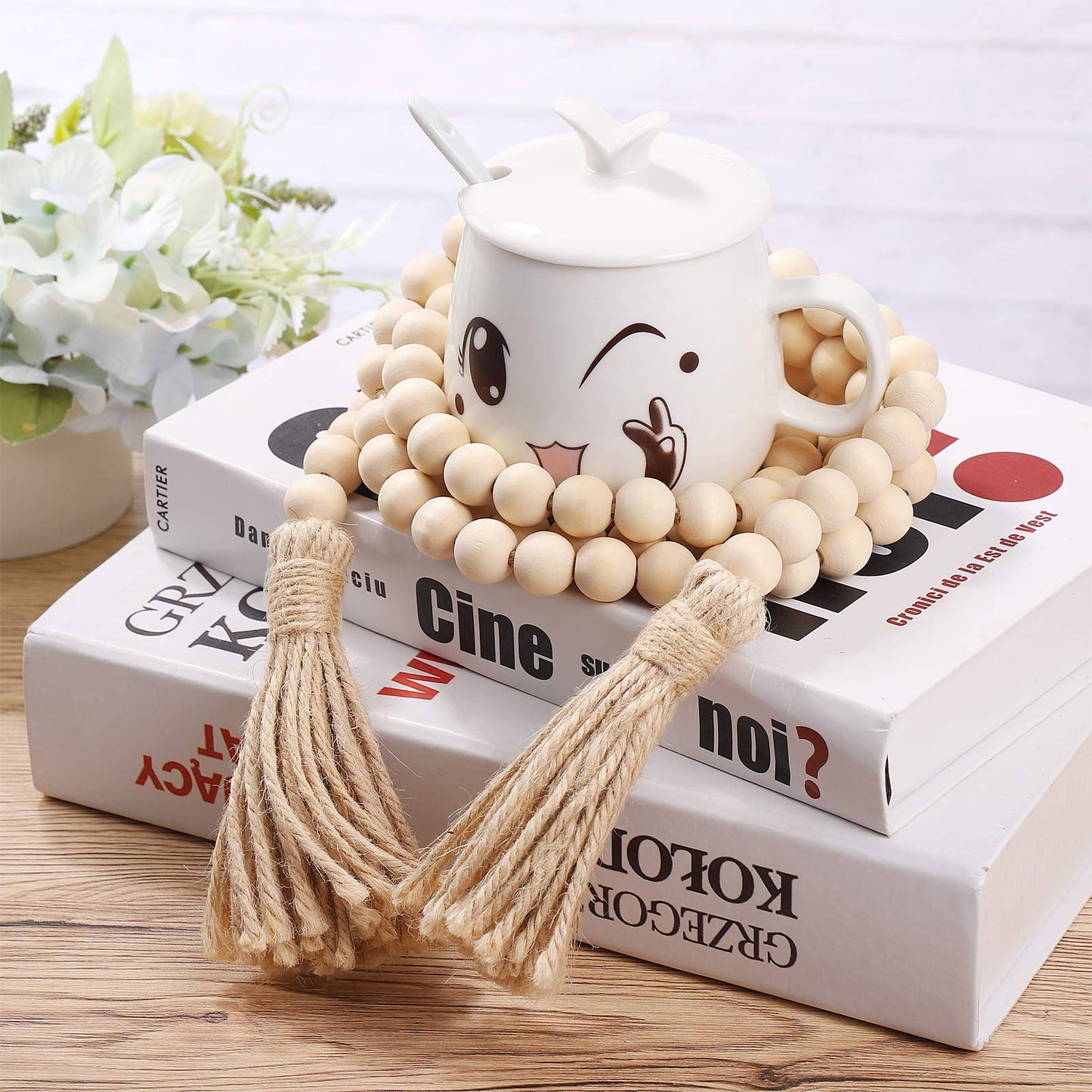 LIOOBO Wood Bead Garland Farmhouse Rustic Country Beads Holiday Decoration Wall Hanging Prayer Beads