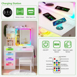 HNEBC Vanity Desk with Sliding Mirror and LED Lights, RGB Vanitys with Charging Station, Makeup Vanity with Remote Control, White Dresser with Stool/Lager Drawers for Bedroom (White) HNEBC