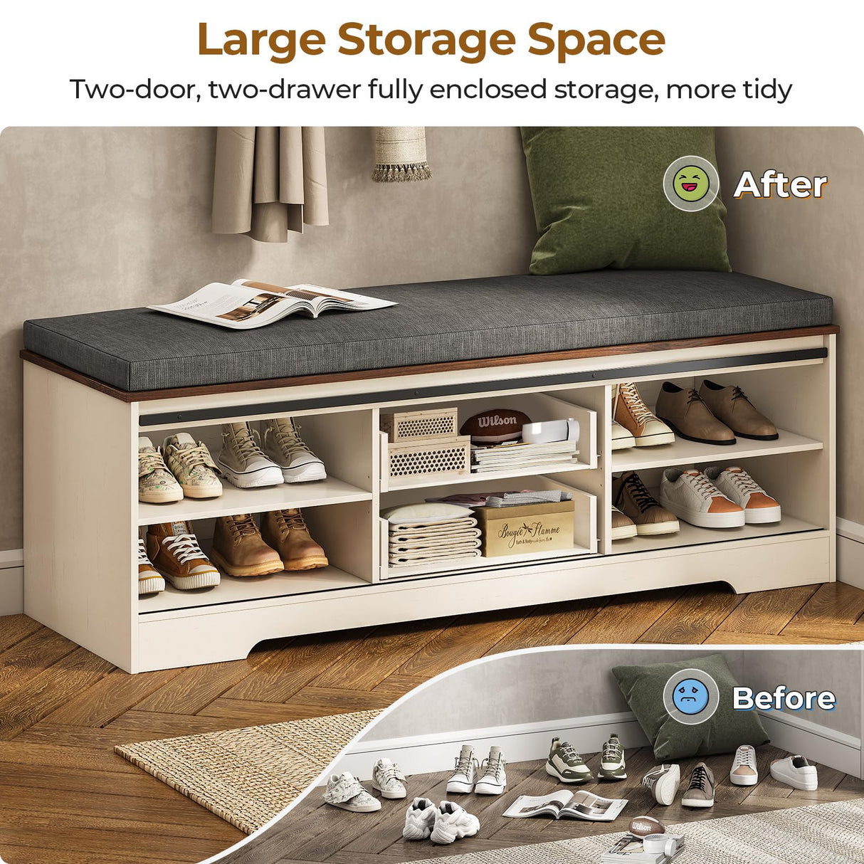 UPOSOJA Farmhouse Storage Bench with Cushion, Shoe Rack with Slide Barn Doors, Adjustable Shelf and 2 Drawer for Entry, Bedroom, Closet, Living Room, Hallway (White Brown, 59.8 in) UPOSOJA