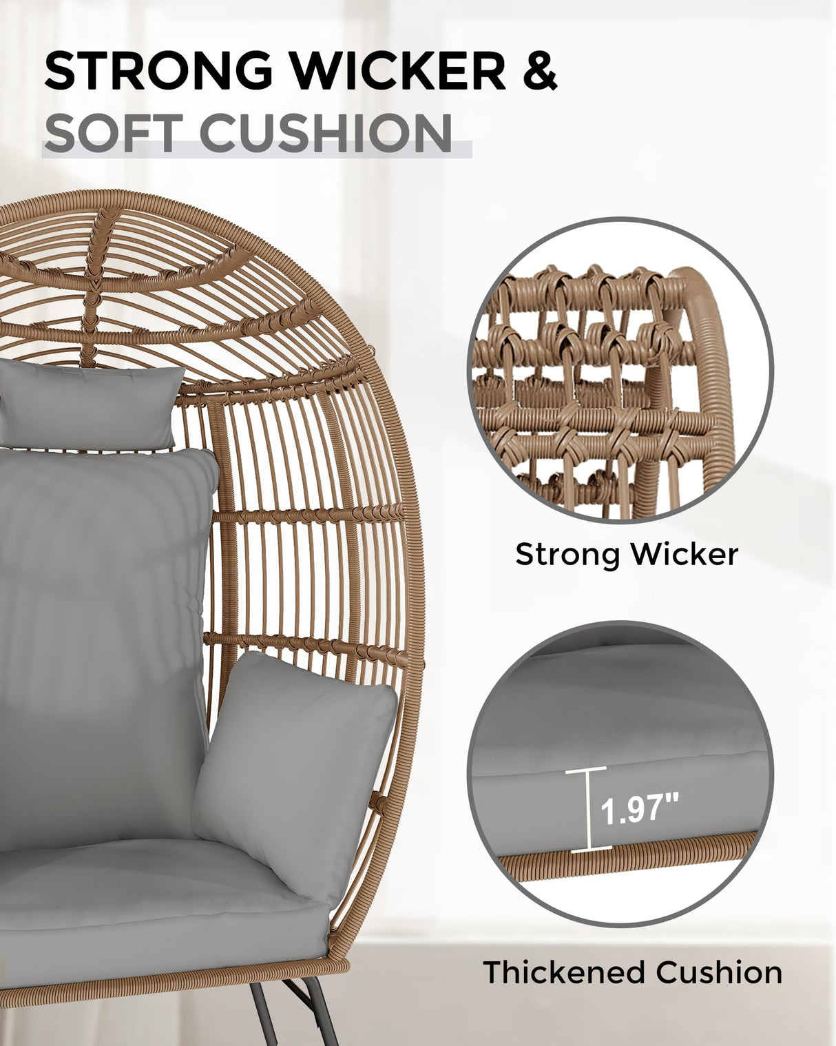 GarveeLife Oversize Wicker Egg Chair With Ottoman, Egg Basket Lounge Chair With Thick Cushion, Comfy Egg Rattan Seat for Indoor Outdoor Patio Porch Backyard, Grey GarveeLife