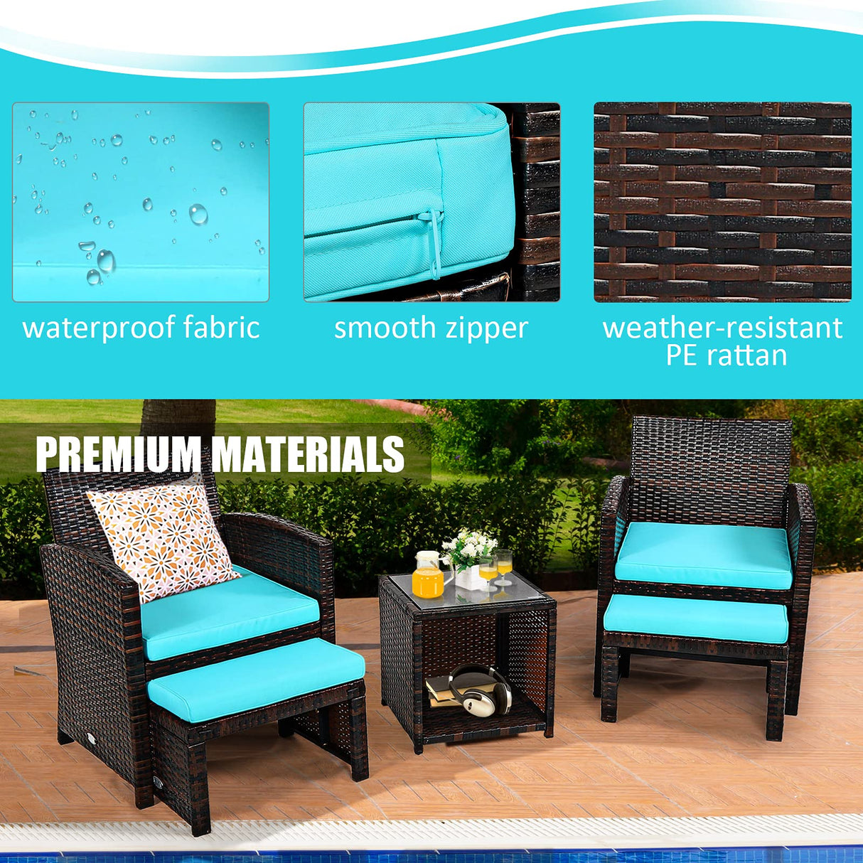 Tangkula 5 Pieces Patio Rattan Furniture Set, Outdoor Conversation Set with Cushioned Chair & Ottoman & Tempered Glass Coffee Table, Patio Sofa Sets for Garden, Backyard, Poolside (Turquoise) Tangkula