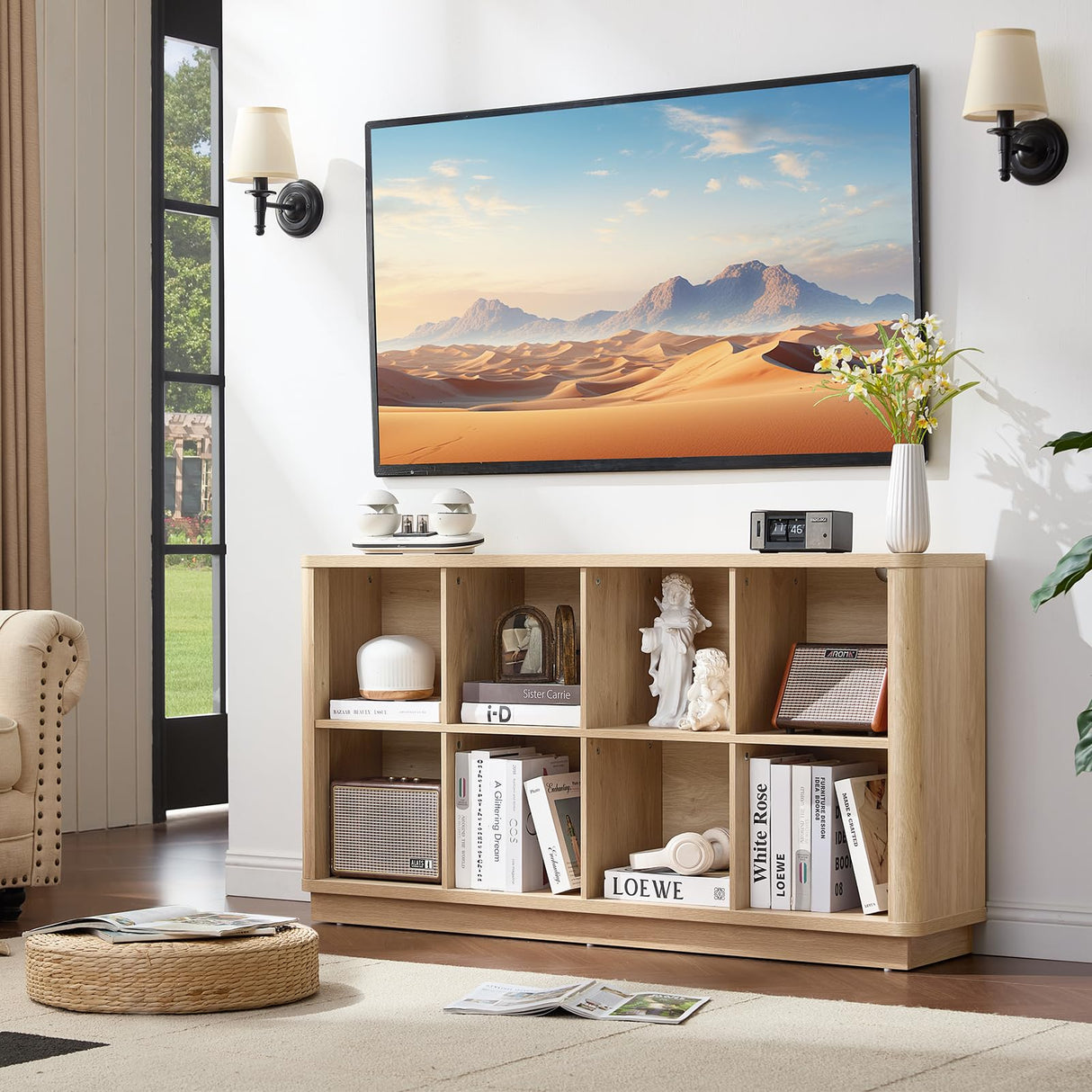 Joaxswe 8 Cube Storage Book Shelf, 52" Long Horizontal Bookshelf with Curved Edge, Floor Standing Wooden Cubby Bookcase with Base, Modern Low Console Book Case, TV Stand for Living Room, Natural Oak Joaxswe