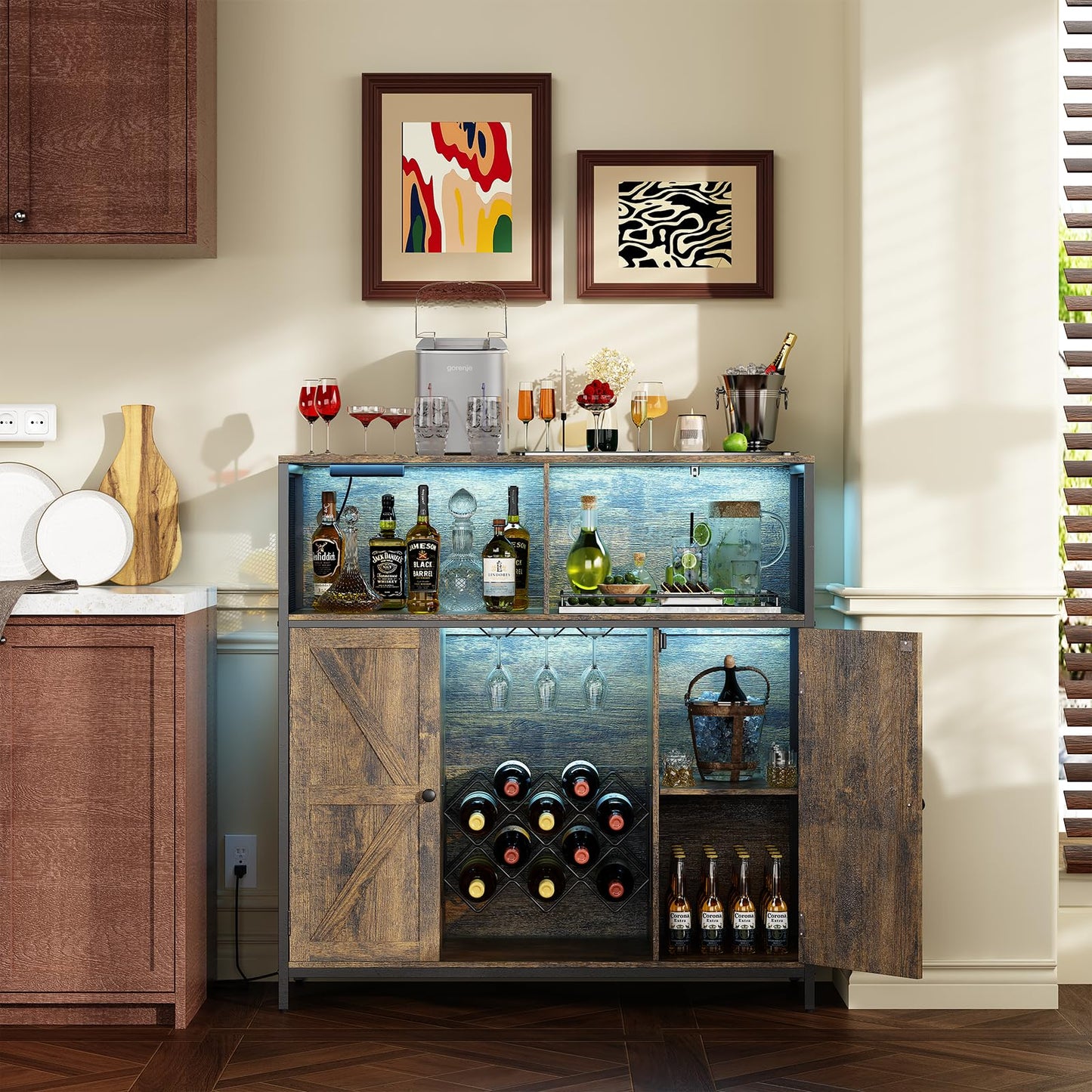 Redlife Wine Bar Cabinet with Power Outlets, Liquor Cabinet with LED Lights and Glass Holder, Industrial Storage Buffet Cabinet Coffee Bar Cabinet, Liquor Cabinet Bar Home, Bar Cabinet with Lights