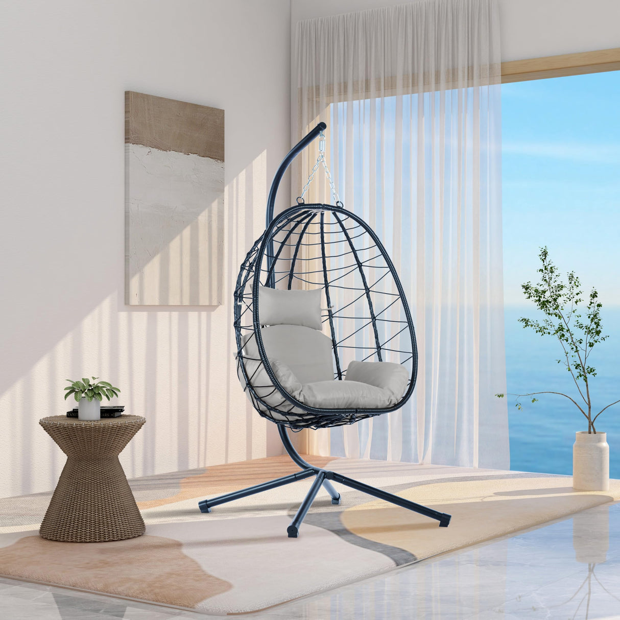 Ziraukon Hanging Egg Chair with Stand Indoor Outdoor, Patio Hammock Egg Swing Chair with Cushion 350 lbs for Patio, Porch, Backyard, Balcony, Poolside, Garden, Black Ziraukon