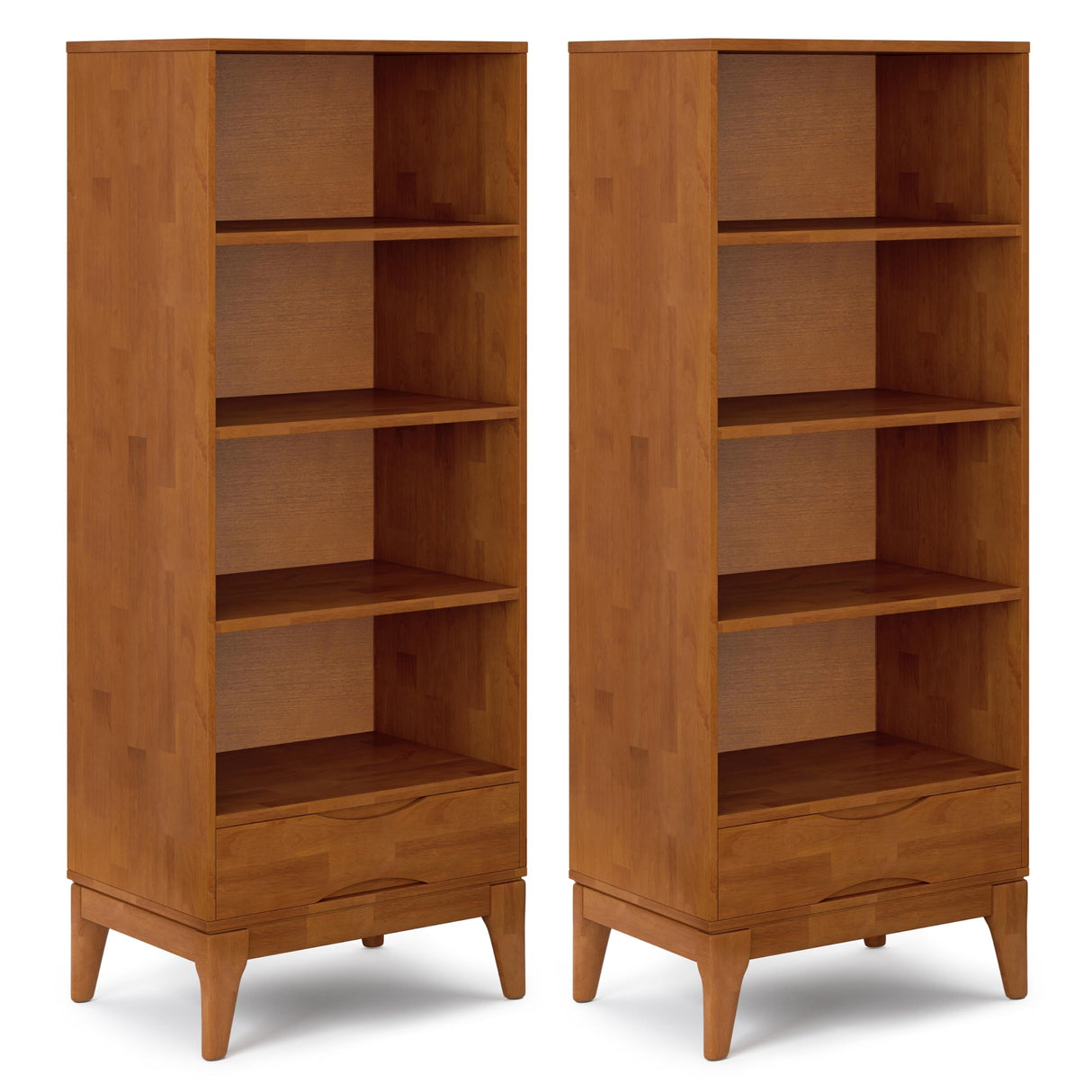 SIMPLIHOME Harper 24 inch Mid-Century Modern 4 Shelf Bookcase with Drawer (Set of 2) in Teak Brown for The Living Room, Study Room and Office SIMPLIHOME